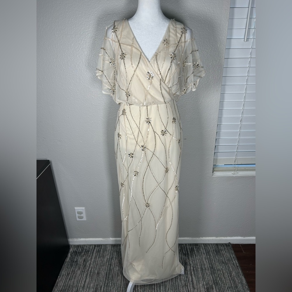 ADRIANNA PAPELL Women's Ivory Beaded Embellished Surplice Blouson Maxi Gown 4